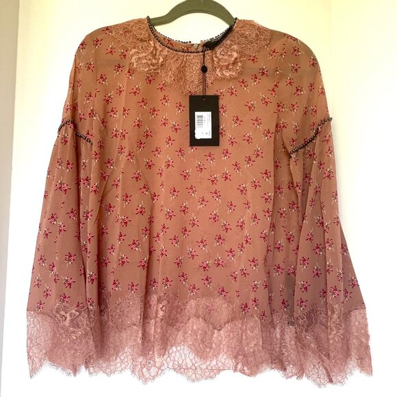 The Kooples Floral Beaded Lace Top Womens Small Pink Bell Sleeve Boho Blouse - Picture 1 of 12
